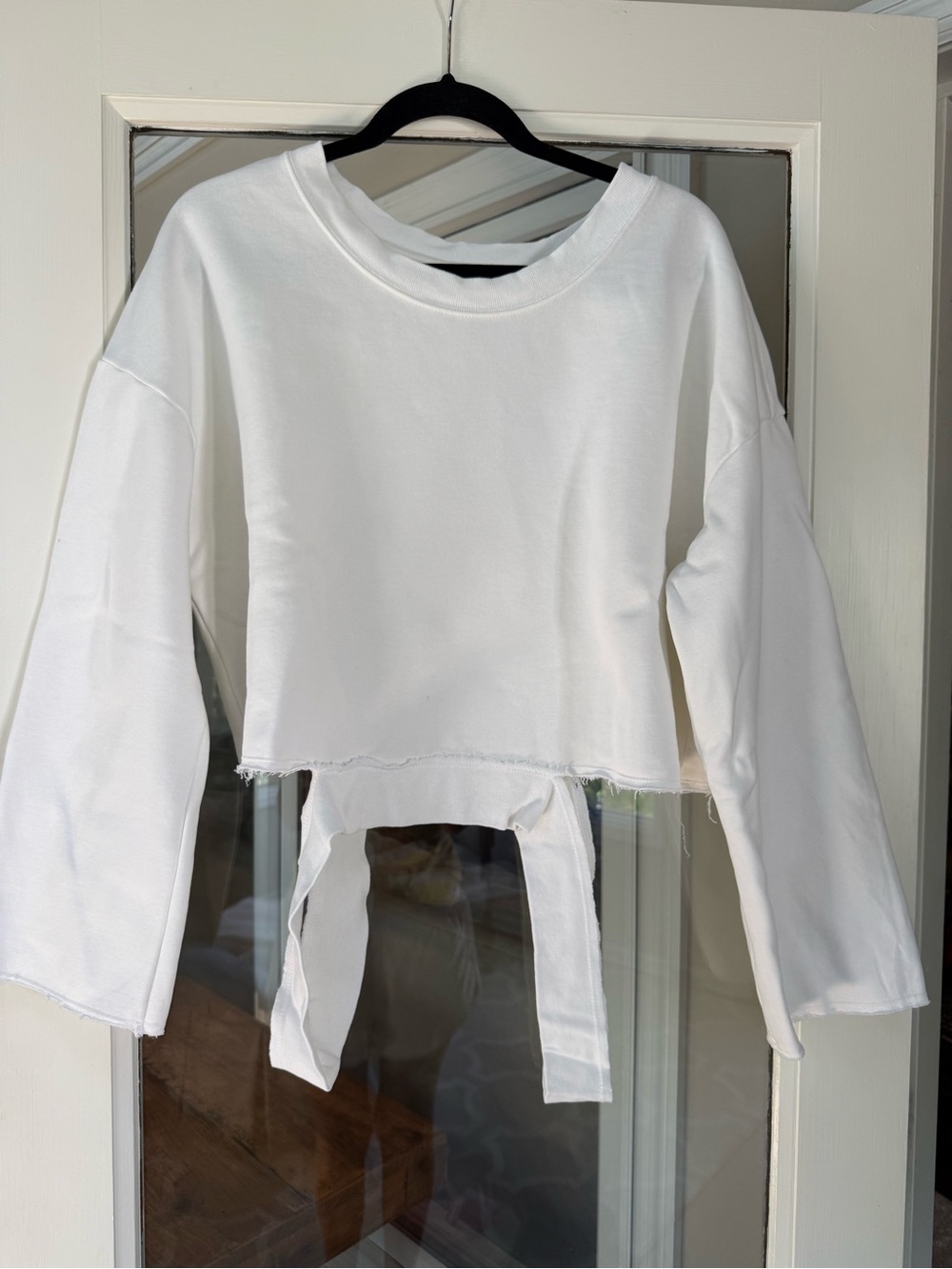 Fabletics White Cropped Long-Sleeve Distressed Tie-Back Sweatshirt. EUC Sz Small
